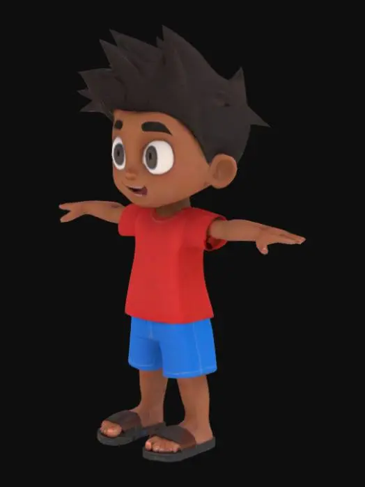 3D model for 



Create a cartoon-style 3D male child character in T-pose, riggable and suitable for Mixamo animation. Age around 10 years, slim build, brown skin tone, short spiky black hair, large expressive eyes, big eyebrows. Outfit: red T-shirt, blue shorts, sandals. Clean textures, exaggerated cartoon proportions (slightly bigger head). Designed for use in Blender and Unity. Export in FBX with albedo and normal map. Style should be similar to Motu Patlu or Chhota Bheem, but more modern and expressive. File name: Chotu_CartoonBoy.fbx



