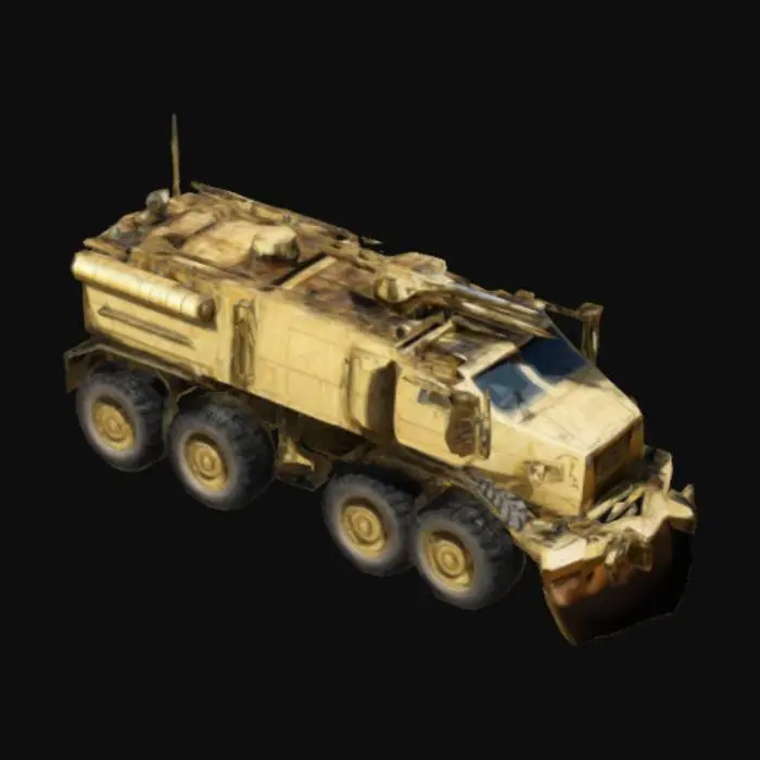 3D model for A massive, six-wheeled armored transport with reinforced steel plating, built for crossing endless desert wastelands. It has a rotating turret on top, side-mounted harpoons, and a front dozer blade to plow through obstacles. The engine is supercharged, running on biofuel or salvaged nuclear energy.
