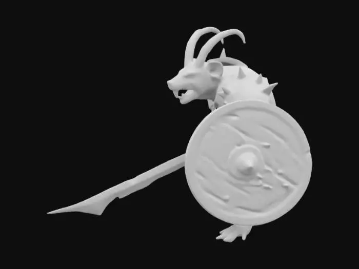 3D model for Warhammer Fantasy Skaven grotesque, rat-like humanoid creature with long, sparsely furred bodies, mottled brown or grey color, their faces are pointed with beady, red eyes, large sharp incisors protruding from their jaws; they have long, scaly tails and their limbs are spindly with clawed hands and feet,  often covered in grime and disease; covered in armor, metal breast plate, chainmail, helmet wielding a sword and triangular spikey shields, charging or ready for combat