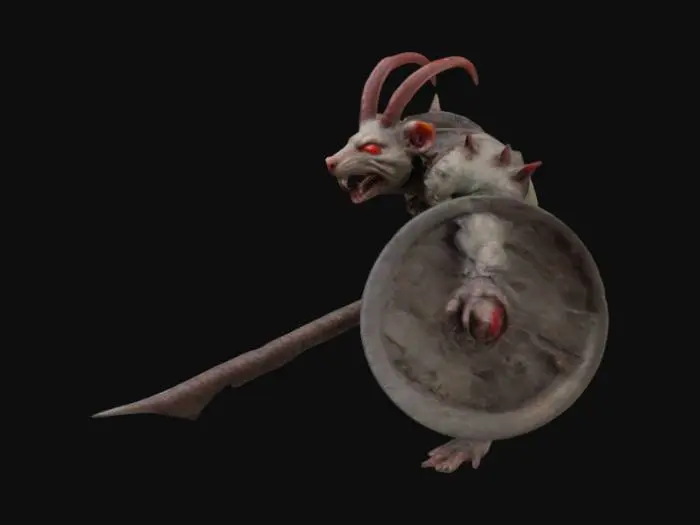 3D model for Warhammer Fantasy Skaven grotesque, rat-like humanoid creature with long, sparsely furred bodies, mottled brown or grey color, their faces are pointed with beady, red eyes, large sharp incisors protruding from their jaws; they have long, scaly tails and their limbs are spindly with clawed hands and feet,  often covered in grime and disease; covered in armor, metal breast plate, chainmail, helmet wielding a sword and triangular spikey shields, charging or ready for combat