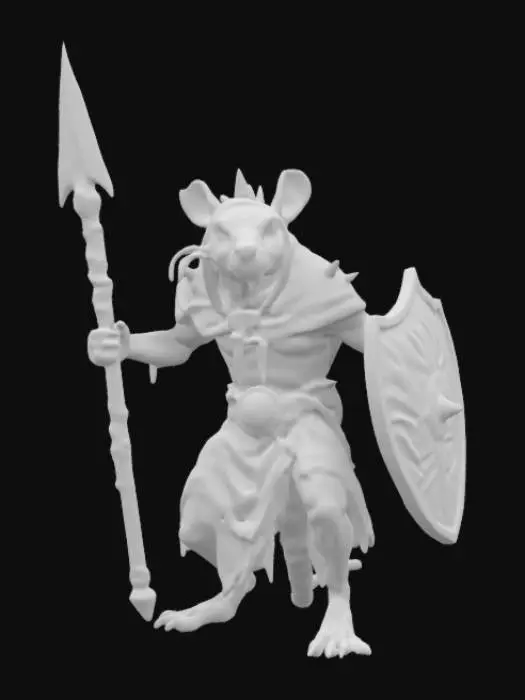 3D model for Warhammer Fantasy Skaven grotesque, rat-like humanoid creature with long, sparsely furred bodies, mottled brown or grey color, patches of white or piebald markings; their faces are pointed with beady, red eyes, large sharp incisors protruding from their jaws; they have long, scaly tails and their limbs are spindly with clawed hands and feet, often covered in grime and disease; tattered hooded robes and plague-infested swords and Spears with triangular spikey shields