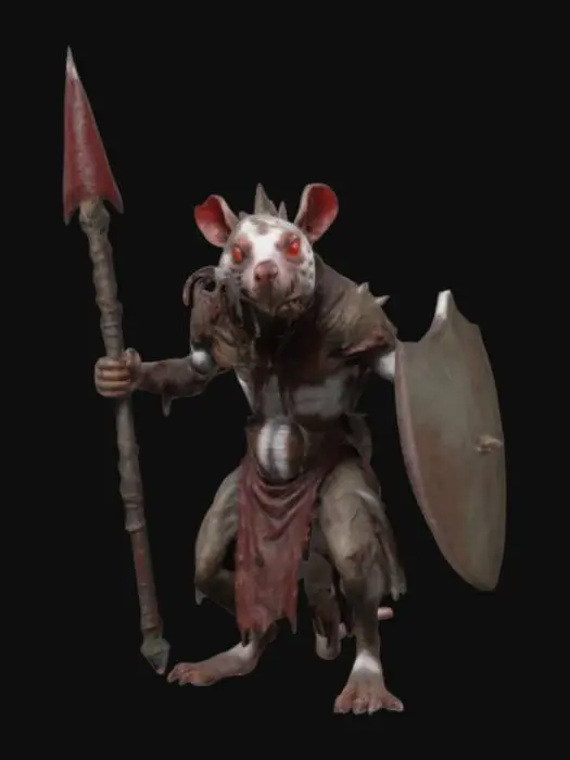 3D model for Warhammer Fantasy Skaven grotesque, rat-like humanoid creature with long, sparsely furred bodies, mottled brown or grey color, patches of white or piebald markings; their faces are pointed with beady, red eyes, large sharp incisors protruding from their jaws; they have long, scaly tails and their limbs are spindly with clawed hands and feet, often covered in grime and disease; tattered hooded robes and plague-infested swords and Spears with triangular spikey shields