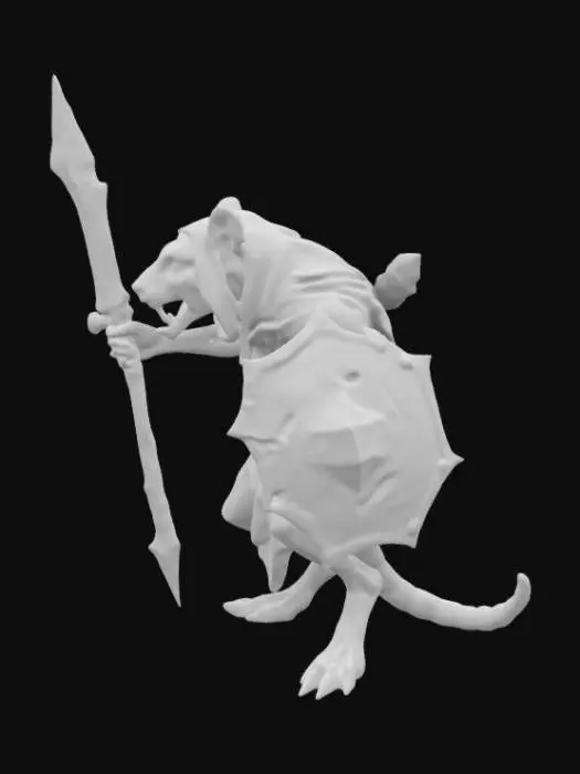 3D model for Warhammer Fantasy Skaven grotesque, rat-like humanoid creature with long, sparsely furred bodies, mottled brown or grey color, their faces are pointed with beady, red eyes, large sharp incisors protruding from their jaws; they have long, scaly tails and their limbs are spindly with clawed hands and feet, often covered in grime and disease; tattered hooded robes and plague-infested swords with triangular spikey shields, short hole infested capes drape their backs.
