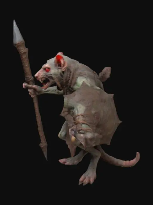 3D model for Warhammer Fantasy Skaven grotesque, rat-like humanoid creature with long, sparsely furred bodies, mottled brown or grey color, their faces are pointed with beady, red eyes, large sharp incisors protruding from their jaws; they have long, scaly tails and their limbs are spindly with clawed hands and feet, often covered in grime and disease; tattered hooded robes and plague-infested swords with triangular spikey shields, short hole infested capes drape their backs.