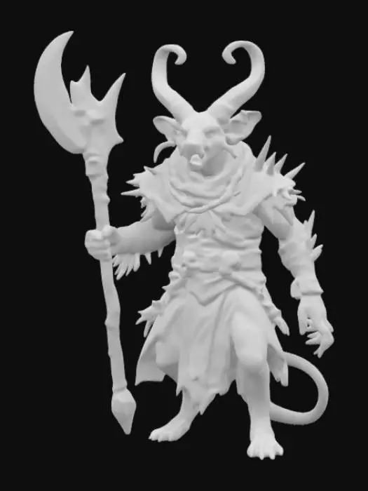 3D model for Warhammer Fantasy Skaven grotesque, rat-like humanoid creature with long, sparsely furred bodies, mottled brown or grey color, their faces are pointed with beady, red eyes, large sharp incisors protruding from their jaws; they have long, scaly tails and their limbs are spindly with clawed hands and feet, heavily armored often covered in grime and disease; tattered hooded robes and plague-infested halberd with triangular spikey shields, short hole infested capes drape their backs.