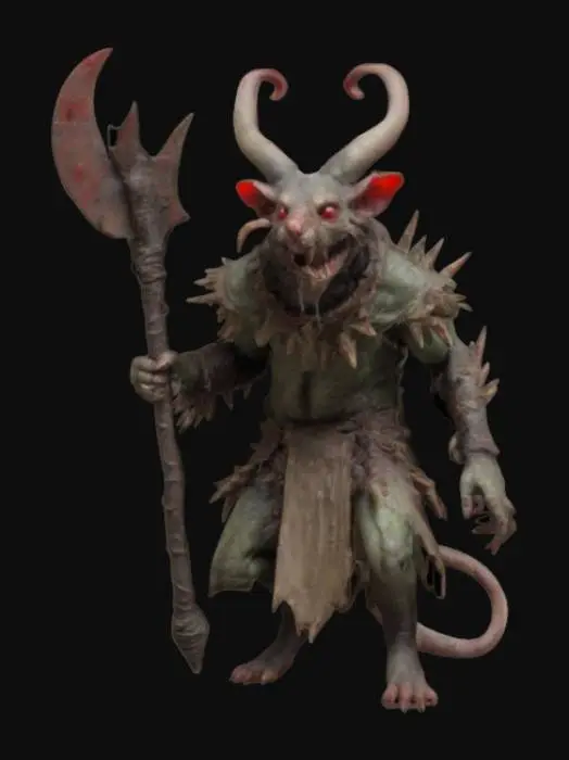 3D model for Warhammer Fantasy Skaven grotesque, rat-like humanoid creature with long, sparsely furred bodies, mottled brown or grey color, their faces are pointed with beady, red eyes, large sharp incisors protruding from their jaws; they have long, scaly tails and their limbs are spindly with clawed hands and feet, heavily armored often covered in grime and disease; tattered hooded robes and plague-infested halberd with triangular spikey shields, short hole infested capes drape their backs.