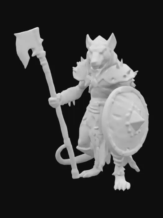 3D model for Warhammer Fantasy Skaven grotesque, rat-like humanoid creature with long, sparsely furred bodies, mottled brown or grey color, their faces are pointed with beady, red eyes, large sharp incisors protruding from their jaws; they have long, scaly tails and their limbs are spindly with clawed hands and feet, wearing full plate armor often covered in grime and disease; tattered hooded robes over the armor, wielding a halberd with triangular spikey shields, short hole infested capes drape their backs.