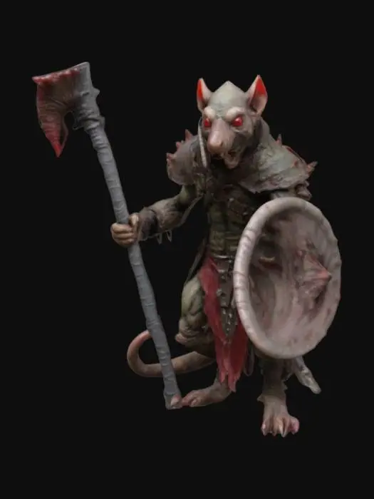 3D model for Warhammer Fantasy Skaven grotesque, rat-like humanoid creature with long, sparsely furred bodies, mottled brown or grey color, their faces are pointed with beady, red eyes, large sharp incisors protruding from their jaws; they have long, scaly tails and their limbs are spindly with clawed hands and feet, wearing full plate armor often covered in grime and disease; tattered hooded robes over the armor, wielding a halberd with triangular spikey shields, short hole infested capes drape their backs.