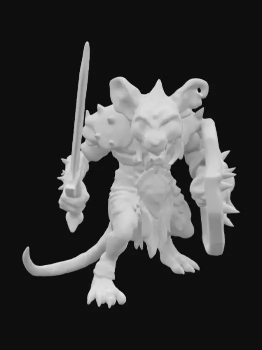 3D model for Warhammer Fantasy Skaven grotesque, rat-like humanoid creature with long, sparsely furred bodies, mottled brown or grey color, their faces are pointed with beady, red eyes, large sharp incisors protruding from their jaws; they have long, scaly tails and their limbs are spindly with clawed hands and feet,  often covered in grime and disease; covered in armor, metal breast plate, chainmail, helmet wielding a sword and triangular spikey shields, charging or ready for combat