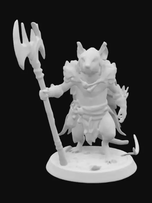 3D model for Masterfully crafted figurine of Warhammer Fantasy Skaven grotesque, rat humanoid creature with long, sparsely furred bodies, natural colors, their faces are pointed, red eyes, large sharp incisors protruding from their jaws; they have long, scaly tails and their limbs are spindly with clawed hands and feet, heavily armored often covered in grime and disease; tattered hooded robe and plague-infested halberd with triangular spikey shields, short tattered capes drape their backs, highest detail