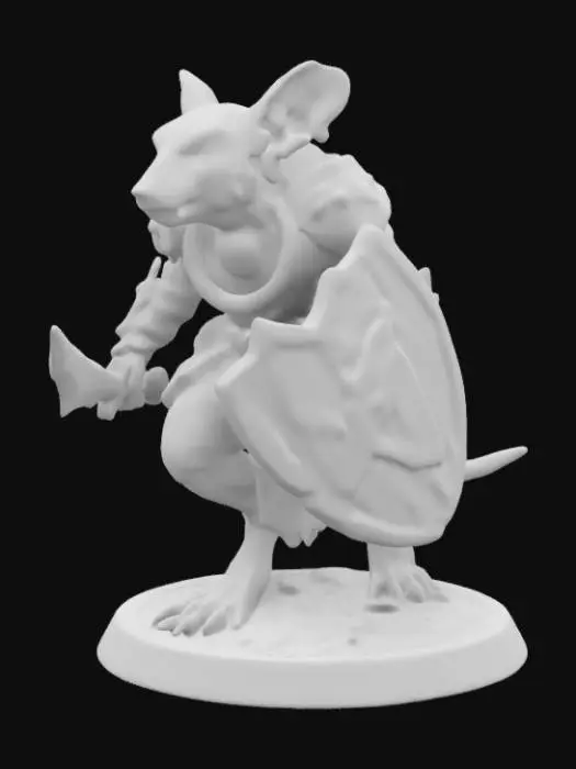 3D model for Masterfully crafted figurine of Warhammer Fantasy Skaven grotesque, rat humanoid creature with long, sparsely furred bodies, natural colors, their faces are pointed, red eyes, they have long, scaly tails and their limbs are spindly with clawed hands and feet, thick armor plates cover most of their body, wielding swords in one hand and triangular shaped spikey shields in the other, wearing a gas mask with filters, Trench warfare, highest detail miniature.