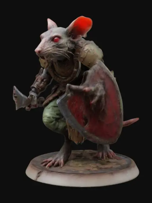 3D model for Masterfully crafted figurine of Warhammer Fantasy Skaven grotesque, rat humanoid creature with long, sparsely furred bodies, natural colors, their faces are pointed, red eyes, they have long, scaly tails and their limbs are spindly with clawed hands and feet, thick armor plates cover most of their body, wielding swords in one hand and triangular shaped spikey shields in the other, wearing a gas mask with filters, Trench warfare, highest detail miniature.