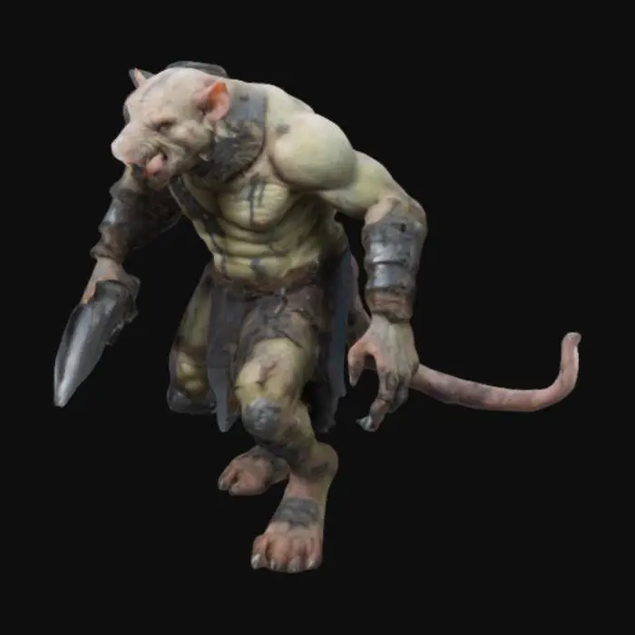 3D model for Warhammer Fantasy Rat Ogre. This muscular humanoid stands twice the height of a man and has the head and tail of a monstrous rat. Plates of metal are embedded in its scarred skin, and one of its hands has been removed and replaced with an oversized blade. 