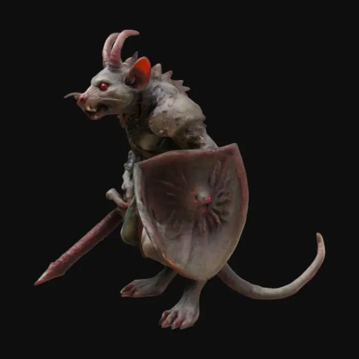 3D model for Warhammer Fantasy Skaven grotesque, rat-like humanoid creature with long, sparsely furred bodies, mottled brown or grey color, their faces are pointed with beady, red eyes, large sharp incisors protruding from their jaws; they have long, scaly tails and their limbs are spindly with clawed hands and feet,  often covered in grime and disease; mostly covered in armor, metal breast plate, chainmail, helmet wielding a sword and triangular spikey shields, 