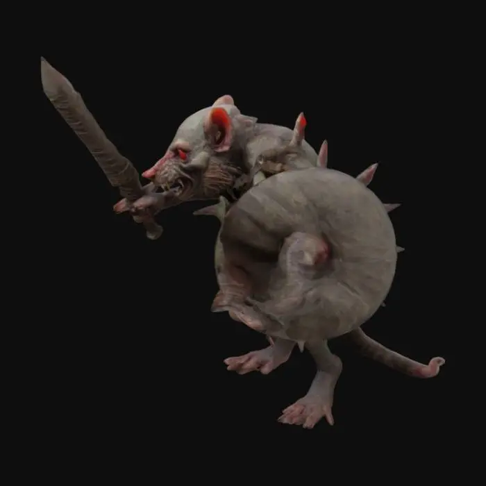 3D model for Warhammer Fantasy Skaven grotesque, rat-like humanoid creature with long, sparsely furred bodies, mottled brown or grey color, their faces are pointed with beady, red eyes, large sharp incisors protruding from their jaws; they have long, scaly tails and their limbs are spindly with clawed hands and feet,  often covered in grime and disease; mostly covered in armor, metal breast plate, chainmail, helmet wielding a sword and triangular spikey shields, charging or ready for combat