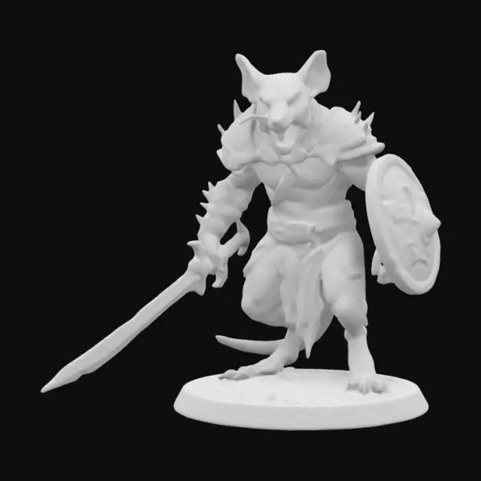 3D model for Masterfully crafted figurine of Warhammer Fantasy Skaven grotesque, rat humanoid creature with long, sparsely furred bodies, natural colors, their faces are pointed, red eyes, large sharp incisors protruding from their jaws; they have long, scaly tails and their limbs are spindly with clawed hands and feet, heavily armored often covered in grime and disease; thick armor plates, wielding swords, triangular spikey shields, short tattered capes drape their backs, highest detail