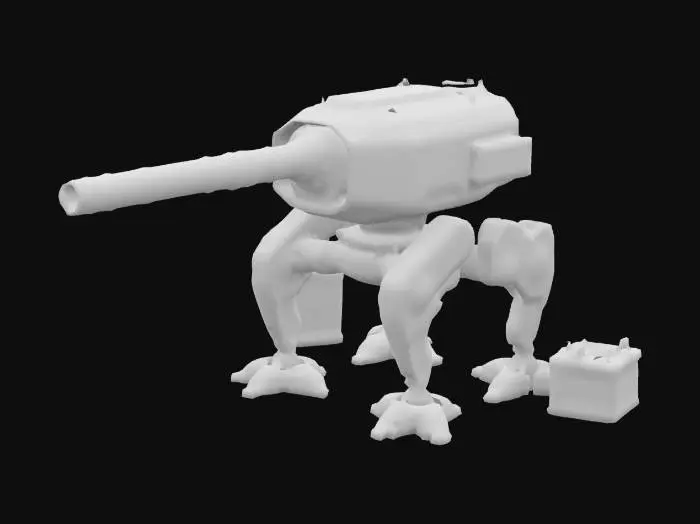 3D model for floor-ground, sentry, surface-to-air-launcher, highly detailed, sci-fi, indestructible, single but massive cannon, undefeatable, has not too lengthy robotic support legs that are not far from ground and mostly touch the ground. to the side of it, it has loadable amo to fill the cannon, loadable amo is in amo crates bullets are very big and massive for the massive cannon, weapons are on only one side, cannons are not double sided, legs all parts are completely connected and legs are exact upright, #AroundTheWorld#