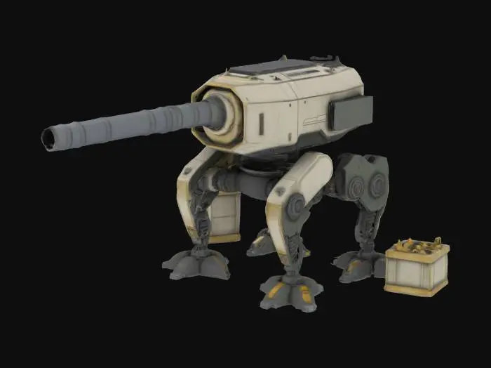 3D model for floor-ground, sentry, surface-to-air-launcher, highly detailed, sci-fi, indestructible, single but massive cannon, undefeatable, has not too lengthy robotic support legs that are not far from ground and mostly touch the ground. to the side of it, it has loadable amo to fill the cannon, loadable amo is in amo crates bullets are very big and massive for the massive cannon, weapons are on only one side, cannons are not double sided, legs all parts are completely connected and legs are exact upright, #AroundTheWorld#