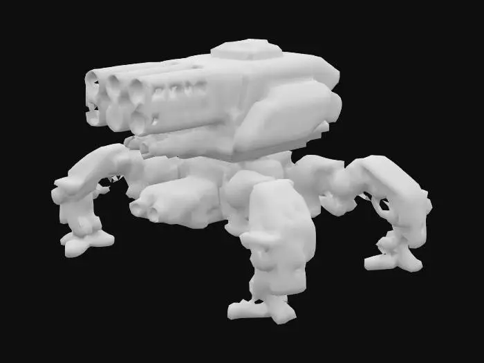 3D model for floor-ground, sentry, surface-to-air-launcher, highly detailed, sci-fi, indestructible, single but massive cannon, undefeatable, has not too lengthy robotic support legs that are not far from ground and mostly touch the ground. to the side of it, it has loadable amo to fill the cannon, loadable amo is in amo crates bullets are very big and massive for the massive cannon, weapons are on only one side, cannons are not double sided, legs all parts are completely connected and legs are exact upright