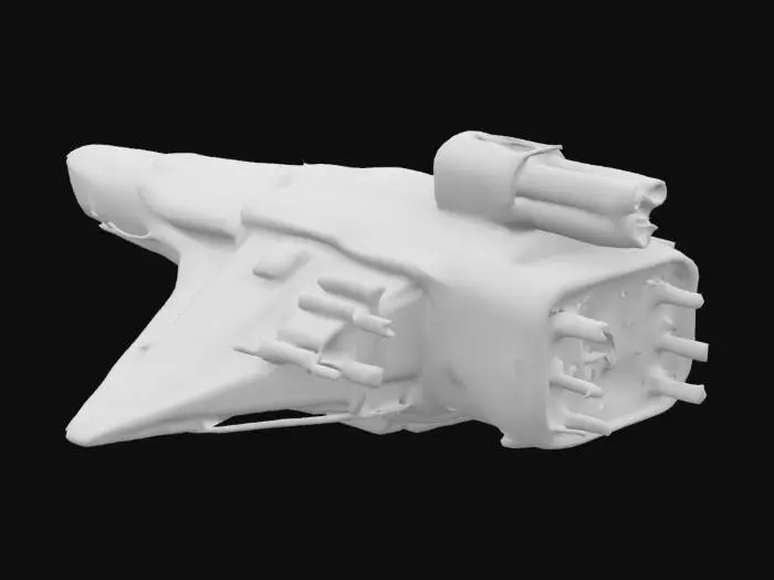 3D model for Massive destroyer, spaceship that has 5 guns, highly detailed, sci-fi, indestructible, single but massive cannon, undefeatable, to the side of it, it has loadable amo to fill the cannon, weapons are on only one side, cannons are not double sided, all parts are completely connected and are exactly upright, designed for creality print slicer so hat no parts of the object will be removed when sliced