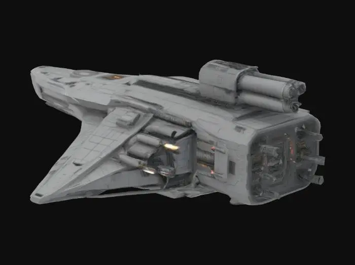 3D model for Massive destroyer, spaceship that has 5 guns, highly detailed, sci-fi, indestructible, single but massive cannon, undefeatable, to the side of it, it has loadable amo to fill the cannon, weapons are on only one side, cannons are not double sided, all parts are completely connected and are exactly upright, designed for creality print slicer so hat no parts of the object will be removed when sliced
