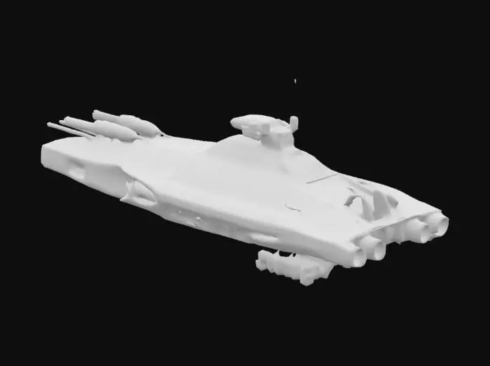 3D model for Massive destroyer, spaceship that has 5 guns, highly detailed, sci-fi, indestructible, single but massive cannon, undefeatable, to the side of it, it has loadable amo to fill the cannon, weapons are on only one side, cannons are not double sided, all parts are completely connected and are exactly upright, designed for creality print slicer so that no parts of the object will be removed when sliced by creality print. Only designed to be 3d printed