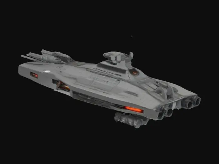 3D model for Massive destroyer, spaceship that has 5 guns, highly detailed, sci-fi, indestructible, single but massive cannon, undefeatable, to the side of it, it has loadable amo to fill the cannon, weapons are on only one side, cannons are not double sided, all parts are completely connected and are exactly upright, designed for creality print slicer so that no parts of the object will be removed when sliced by creality print. Only designed to be 3d printed