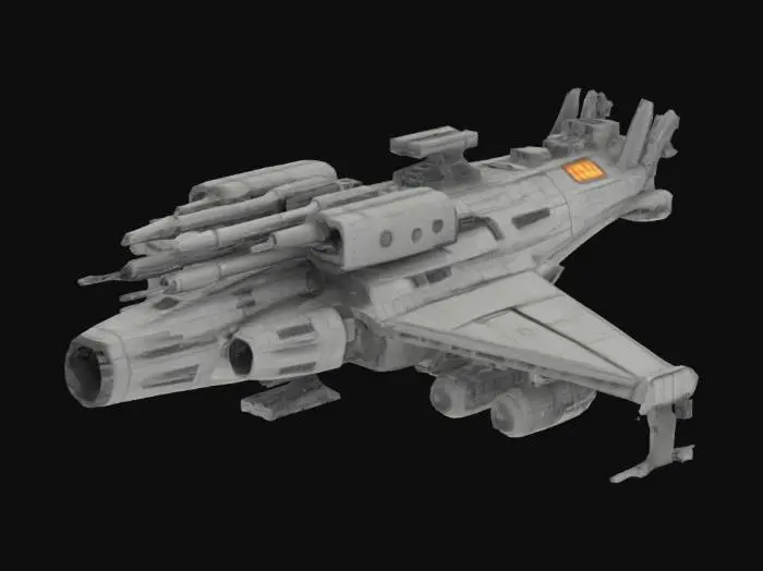 3D model for Massive destroyer, spaceship that has 5 guns, highly detailed, sci-fi, indestructible, single but massive cannon, undefeatable, to the side of it, it has loadable amo to fill the cannon, weapons are on only one side, cannons are not double sided, all parts are completely connected and are exactly upright, designed for creality print slicer so that no parts of the object will be removed when sliced by creality print. Only designed to be 3d printed
