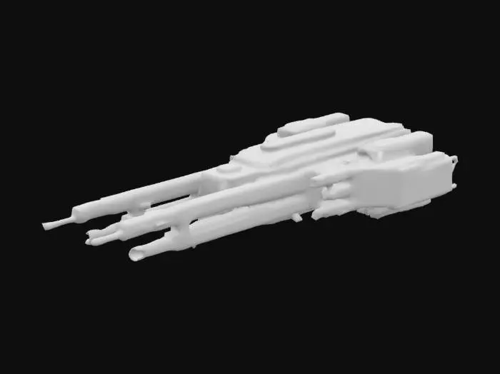 3D model for Massive destroyer, spaceship that has 5 guns, highly detailed, sci-fi, indestructible, single but massive cannon, undefeatable, to the side of it, it has loadable amo to fill the cannon, weapons are on only one side, cannons are not double sided, all parts are completely connected and are exactly upright, designed for creality print slicer so that no parts of the object will be removed when sliced by creality print. Only designed to be 3d printed