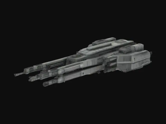 3D model for Massive destroyer, spaceship that has 5 guns, highly detailed, sci-fi, indestructible, single but massive cannon, undefeatable, to the side of it, it has loadable amo to fill the cannon, weapons are on only one side, cannons are not double sided, all parts are completely connected and are exactly upright, designed for creality print slicer so that no parts of the object will be removed when sliced by creality print. Only designed to be 3d printed