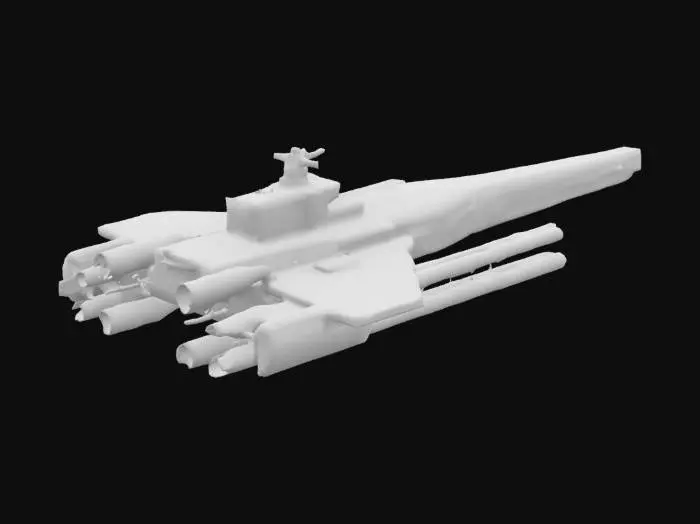 3D model for Massive destroyer, spaceship that has 5 guns, highly detailed, sci-fi, indestructible, single but massive cannon, undefeatable, to the side of it, it has loadable amo to fill the cannon, weapons are on only one side, cannons are not double sided, all parts are completely connected and are exactly upright, designed for creality print slicer so that no parts of the object will be removed when sliced by creality print. Only designed to be 3d printed.