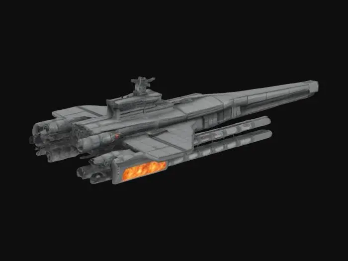3D model for Massive destroyer, spaceship that has 5 guns, highly detailed, sci-fi, indestructible, single but massive cannon, undefeatable, to the side of it, it has loadable amo to fill the cannon, weapons are on only one side, cannons are not double sided, all parts are completely connected and are exactly upright, designed for creality print slicer so that no parts of the object will be removed when sliced by creality print. Only designed to be 3d printed.