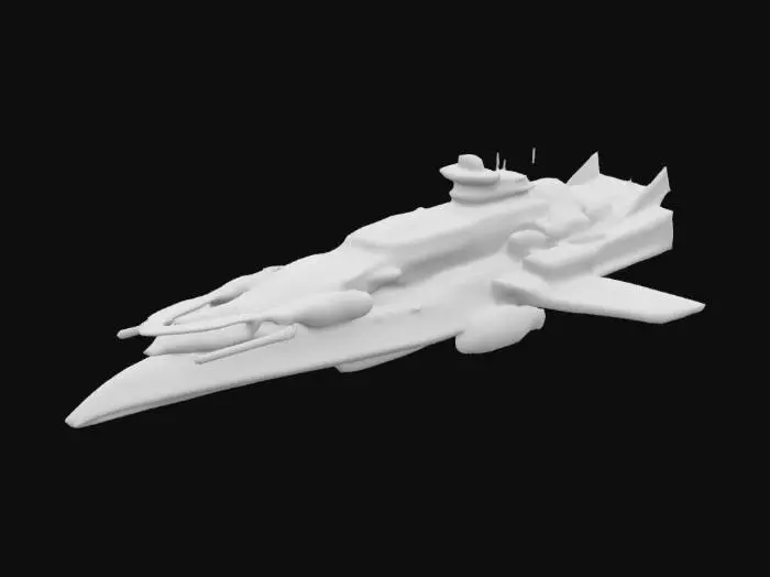 3D model for Massive destroyer, spaceship that has 5 guns, highly detailed, sci-fi, indestructible, single but massive cannon, undefeatable, to the side of it, it has loadable amo to fill the cannon, weapons are on only one side, cannons are not double sided, all parts are completely connected and are exactly upright, designed for creality print slicer so that no parts of the object will be removed when sliced by creality print. Only designed to be 3d printed.