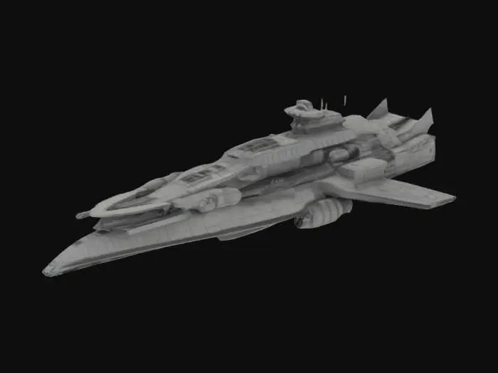 3D model for Massive destroyer, spaceship that has 5 guns, highly detailed, sci-fi, indestructible, single but massive cannon, undefeatable, to the side of it, it has loadable amo to fill the cannon, weapons are on only one side, cannons are not double sided, all parts are completely connected and are exactly upright, designed for creality print slicer so that no parts of the object will be removed when sliced by creality print. Only designed to be 3d printed.