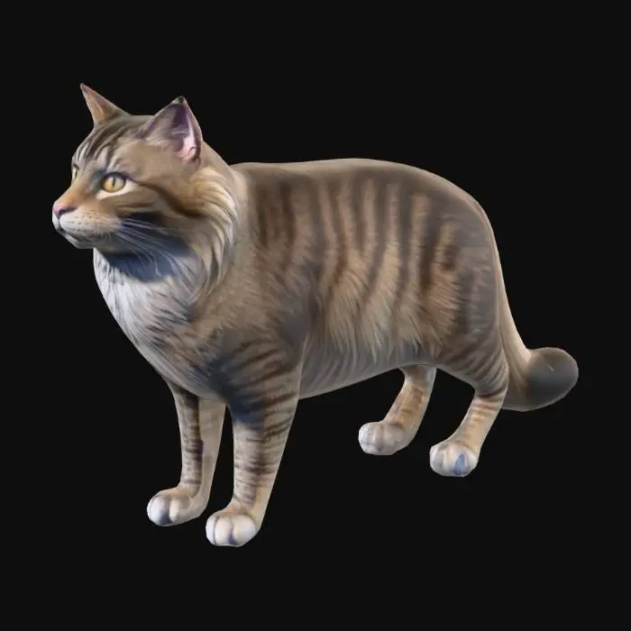 3D model for 현실감 있는 털이 복실복실한 길고양이,
길고양이라서 눈이 날카로움,
종은 유러피안 숏헤어 고양이,
언리얼 엔진 게임용 3D 모델,
해부학적으로 정확한 구조,
정돈된 토폴로지와 명확한 실루엣,
PBR 텍스처, 노멀맵, UV 언랩에 적합,
배경 없음, 투명 배경, 환경 요소 없음,
폴리곤 면 갯수 50,000이하