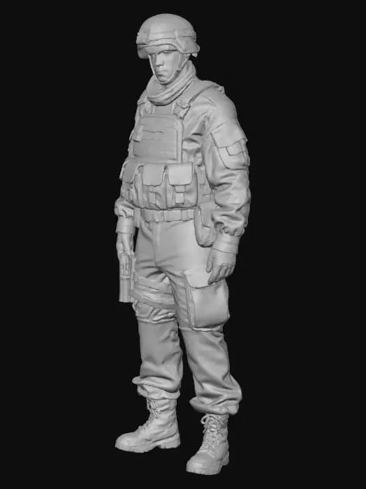 3D model for A realistic, high-definition 3D model of a basic US Army soldier. He wears a meticulously textured olive drab combat uniform with subtle ripstop fabric details, a coyote brown tactical vest, and a helmet. His face is neutral, determined. Boots are sturdy with visible tread. The model has a clean, game-ready aesthetic, optimized yet highly detailed, featuring crisp material definition and realistic worn but not damaged textures, suitable for the Unity engine.