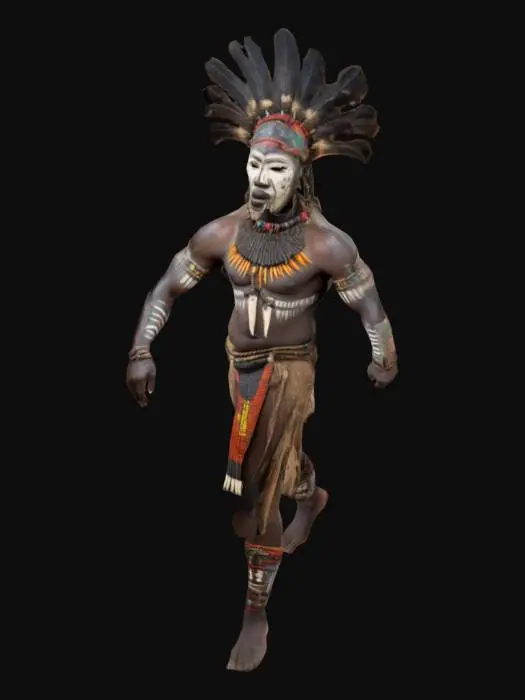 3D model for guerrero africano, collares de colmillos, pintadas tribales en el cuerpo, mascara tribal de madera