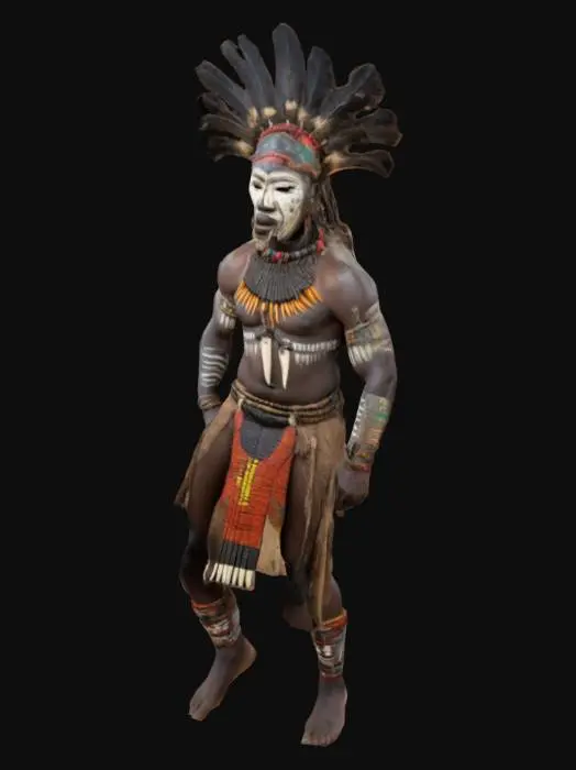 3D model for guerrero africano, collares de colmillos, pintadas tribales en el cuerpo, mascara tribal de madera