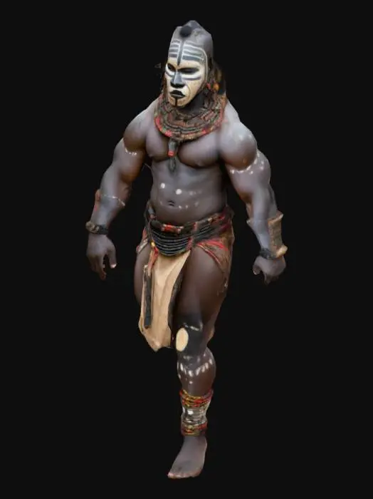 3D model for guerrero africano, collares de colmillos, pintadas tribales en el cuerpo, mascara tribal de madera