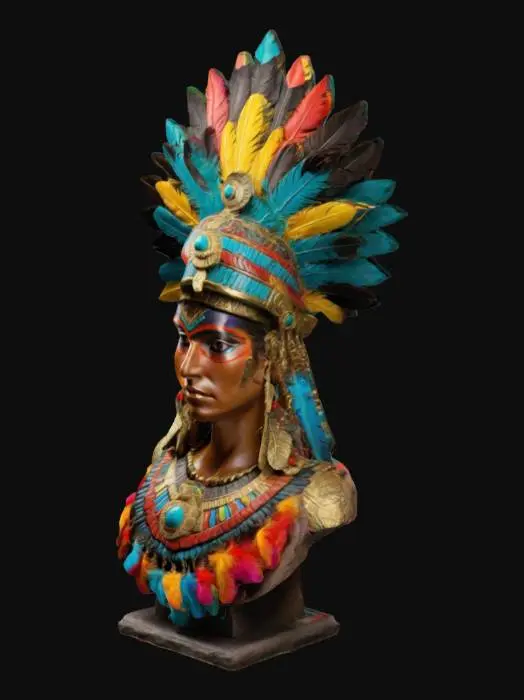3D model for busto de guerrera azteca mujer, colorido, mirada agresiva, plumas de quetzal, collares con piedras y oro