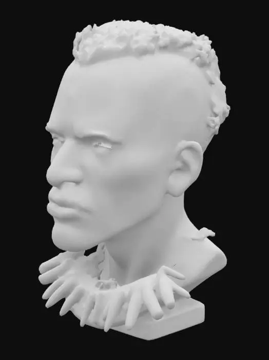 3D model for Busto realista de un hombre africano y negro con cara seria y agresiva y adornos tribales africanos relacionados al adinkra, huesos, colmillos, etc.