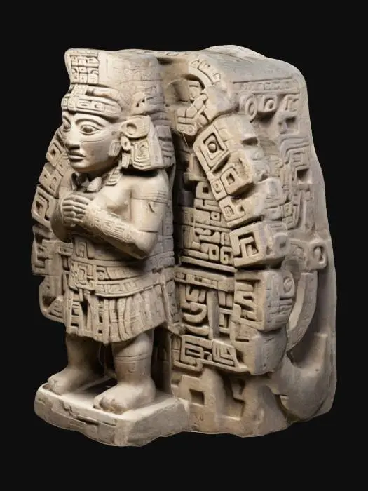 3D model for escultura azteca antigua, con jeroglíficos y un diseño geométrico intrincado