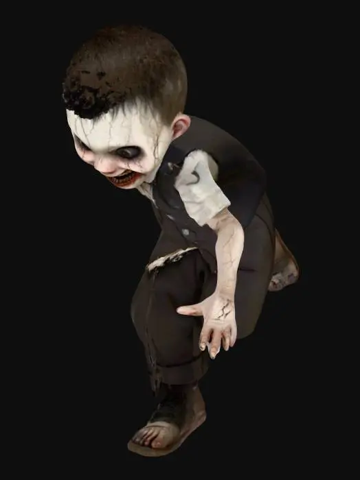 3D model for Generate a 3D horror character of a terrifying little boy in a T-pose. His face is grotesque and unsettling — hollow black eyes, cracked pale skin, unnaturally wide grin showing sharp teeth. His arms are twice as long as normal, ending in thin bony fingers. He wears a torn, old-fashioned school uniform with no shoes, feet bruised and dirty. Realistic, cinematic horror style, eerie atmosphere, high detail textures, optimized for rigging and animation.