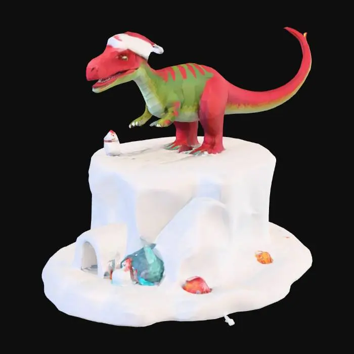 3D model for Very Low Poly Concept Art of Winter Themed 1 Object on Snow, White, On Platform, Christmas, Winter, Winter, unique shape, Low Polygon, Santa Dinosaur on Iceberg, igloo on iceberg too, and snowmans near it, and some hidden easter eggs