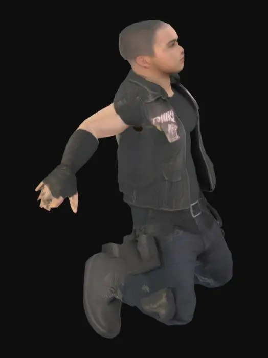 3D model for T pose hypebeast robot wearing stylish new-age urban techwear fit. athletic humanoid in shape but the face is covered with checkered, red-white cloth facewrap.