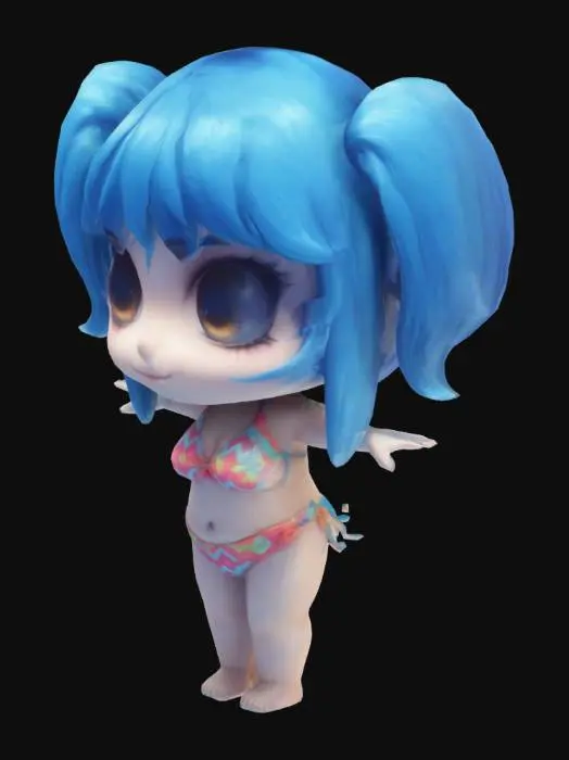3D model for chica en bikini, pelo azul, chibi, t pose