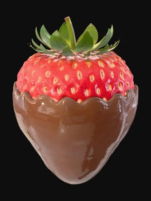 3D model for #food# A ripe, vibrant red strawberry, partially enrobed in a smooth, rich milk chocolate coating. The chocolate has a glossy, uniform brown surface, adhering tightly to the fruit. Its upper edge forms an organic, slightly melted line where the sweet, textured skin of the strawberry and its tiny yellow achenes are visible. A small cluster of fresh, bright green leaves and a short stem emerge from the very top, contrasting with the berry's deep red hue.