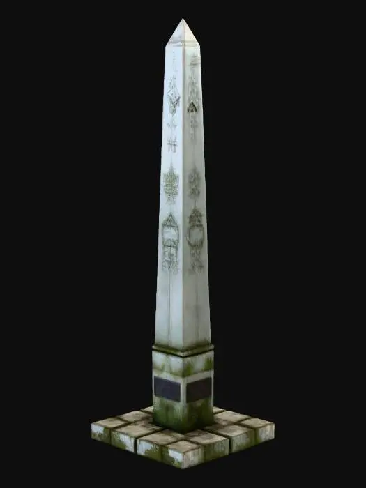 3D model for Small city plaza monument, about 3 meters tall.
Design: minimalist concrete and metal obelisk with engraved or eroded symbols.
Base is square stone platform (about 2x2 meters).
Material: slightly weathered concrete with subtle moss or rust stains, metal details tarnished.
Realistic PBR materials (BaseColor, Normal, Roughness, Metallic, AO), 2k resolution, single material.
Game-ready topology (~5–8k tris), non-overlapping UVs.
Scale in meters (1 unit = 1 m), pivot at bottom center.
Mood: mysterious and slightly unsettling, as if the monument has a hidden meaning.
File name: SM_Landmark_Obelisk.