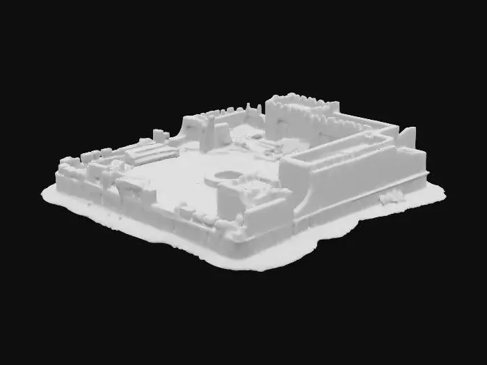 3D model for Create a photorealistic, highly detailed 3D model of a ruined village set in a vast desert landscape. The environment features:

Crumbling stone and mud-brick buildings, some partially collapsed, displaying broken walls and exposed interiors.

Scattered debris, such as fallen roofing, shattered pottery, and old timber beams, hinting at a long-abandoned settlement.

Sparse, sun-bleached vegetation: palm stumps, dry shrubs, and patches of sand encroaching on the remnants of paths and courtyards.

A weathered central plaza or meeting area, now mostly covered in sand, with a dilapidated well, cracked stone benches, and faded mosaic tiles.

The model should be isolated against a clean, solid dark grey background and viewed from an elevated, isometric angle.