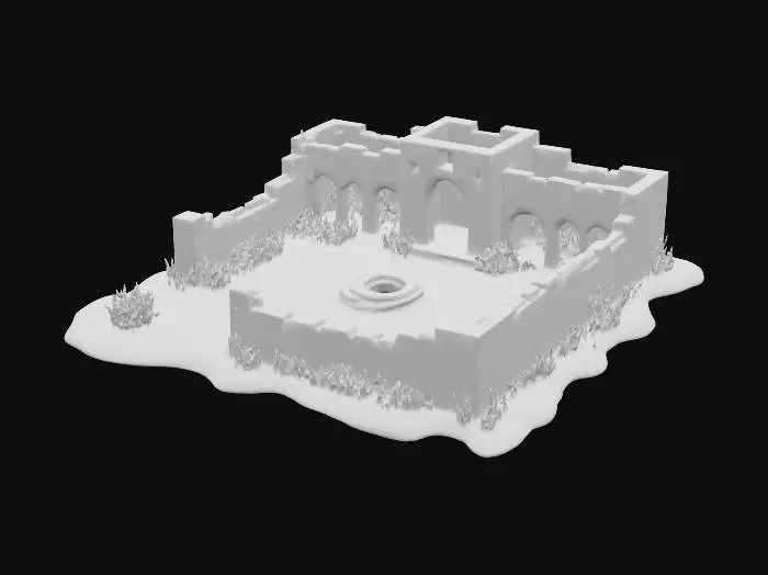3D model for Create a photorealistic, highly detailed 3D model of a ruined village set in a vast desert landscape. The environment features:

Crumbling stone and mud-brick buildings, some partially collapsed, displaying broken walls and exposed interiors.

Scattered debris, such as fallen roofing, shattered pottery, and old timber beams, hinting at a long-abandoned settlement.

Sparse, sun-bleached vegetation: palm stumps, dry shrubs, and patches of sand encroaching on the remnants of paths and courtyards.

A weathered central plaza or meeting area, now mostly covered in sand, with a dilapidated well, cracked stone benches, and faded mosaic tiles.

The model should be isolated against a clean, solid dark grey background and viewed from an elevated, isometric angle.